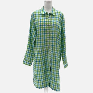 The Company Store 100% Linen Plaid Button Front House Dress - NEW - Large